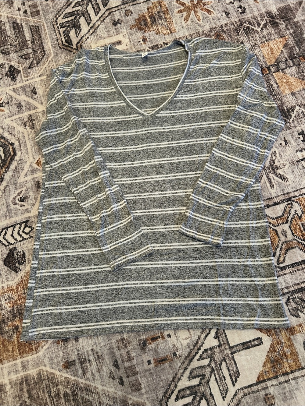 BP Gray and White Striped V-Neck Long Sleeve Top